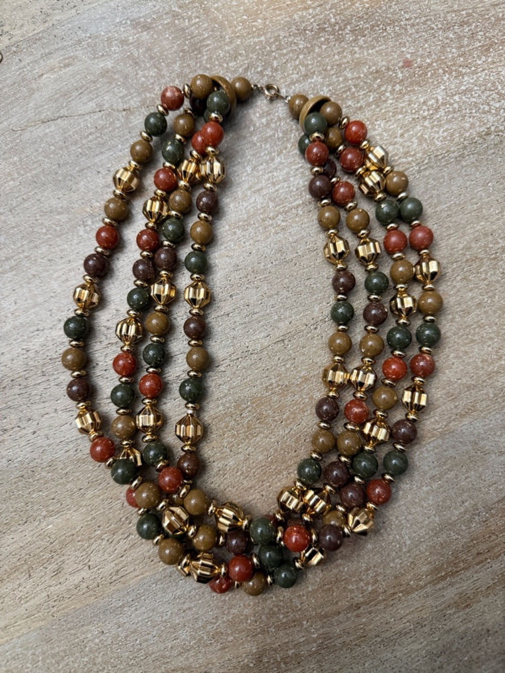 Multistrand Beaded Statement Necklace in Earth Tones with Gold Accents